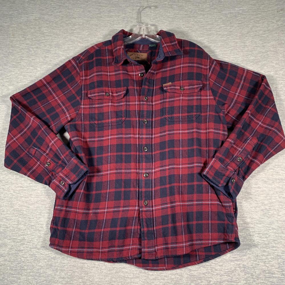 Orvis Shirt Mens Large Red Navy Plaid Flannel Long Sleeve Button Front Casual